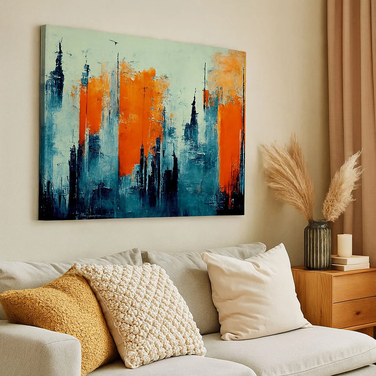 Lærredstryk - Billede på lærred - Abstrakt bybillede i orange og blå nuancer - 70x50cm - Moderne landskab - Moderne vægdekoration til stue og soveværelse ARTTOR