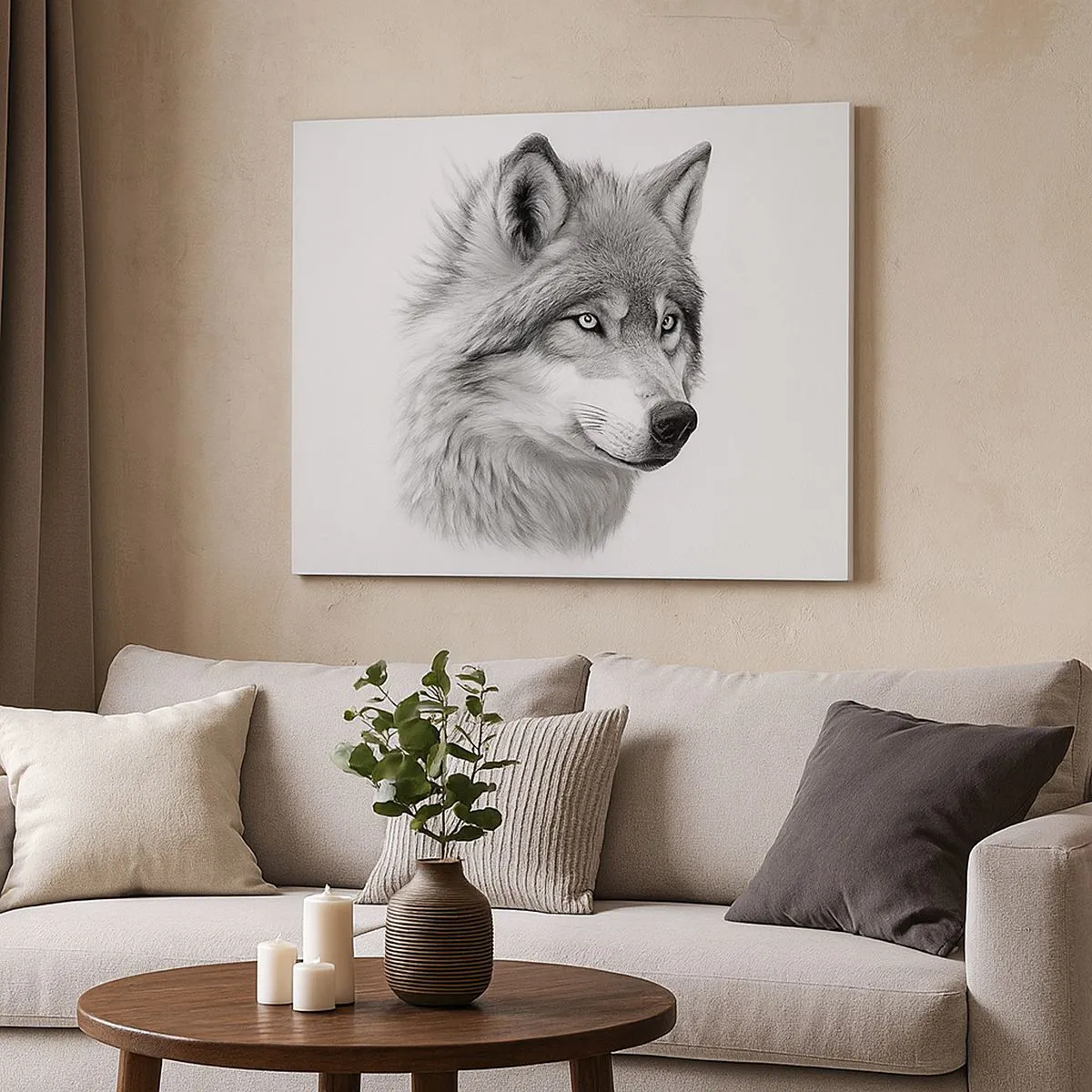 Quadro su tela - Stampe su Tela - Un ritratto realistico di un lupo in tonalità di grigio. - 70x50cm - Alfa, senza dubbio - Decorazione murale moderna per soggiorno e camera da letto ARTTOR