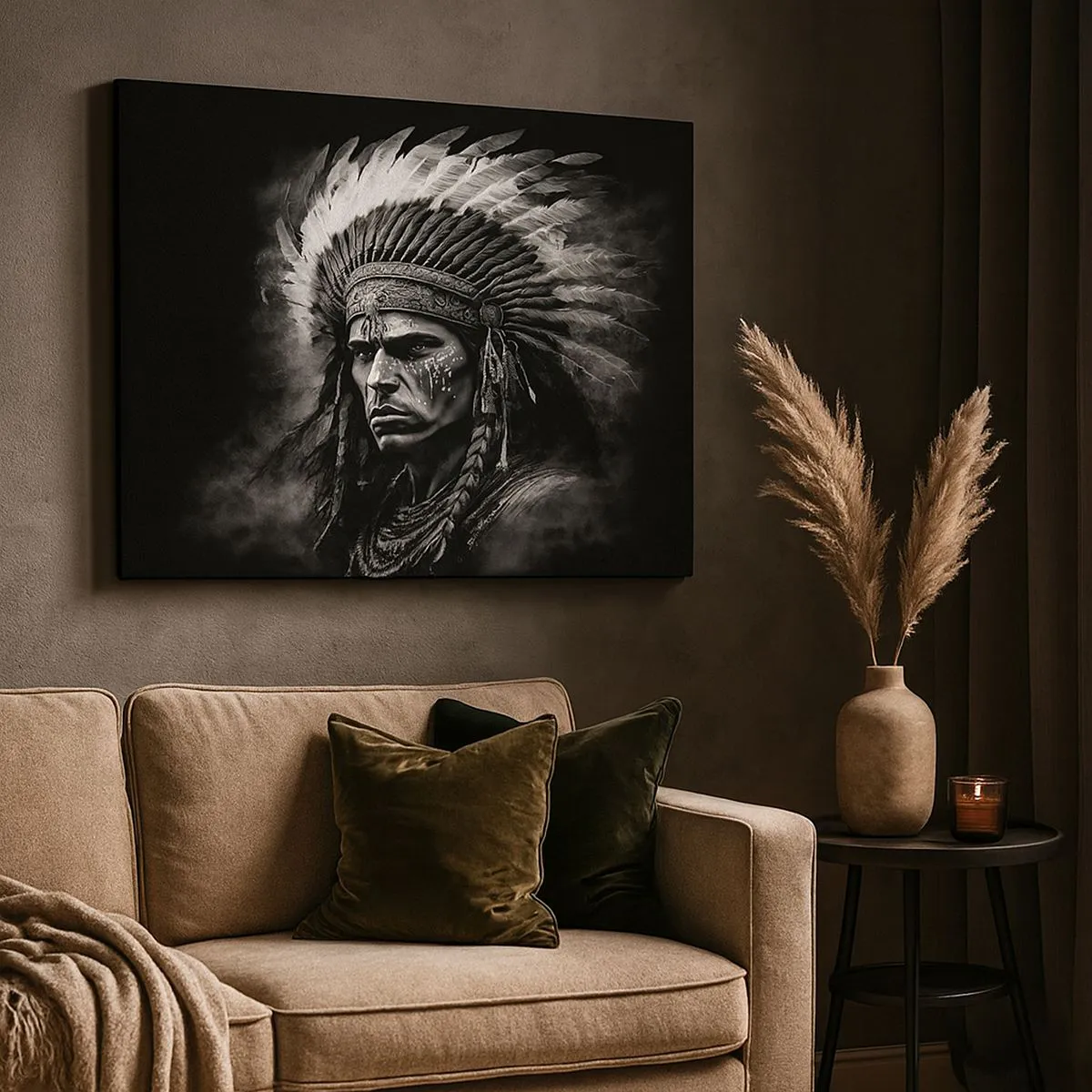 Bild auf Leinwand - Leinwandbild - Porträt eines Häuptlings mit Federschmuck vor schwarzem Hintergrund - 70x50cm - Anführer und Krieger - Moderne Wanddekoration für Wohnzimmer und Schlafzimmer ARTTOR