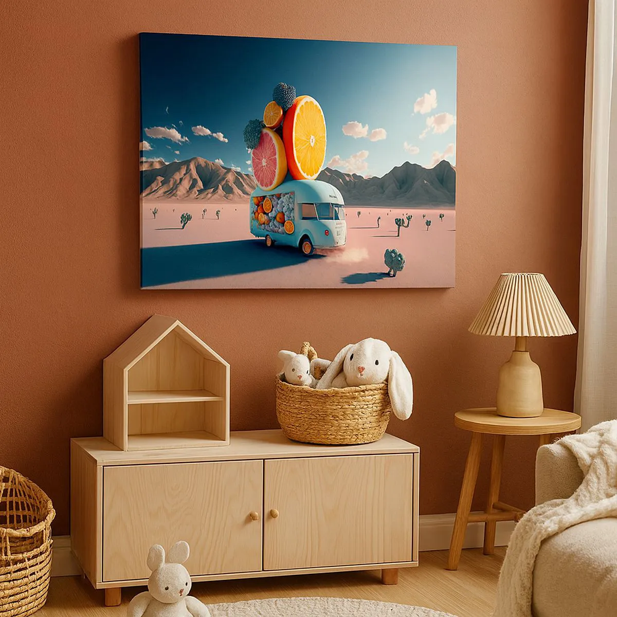 Canvas picture - Fruit truck in a desert landscape - 70x50cm - Taste of Holidays - Modern wall decoration for the living room and bedroom ARTTOR