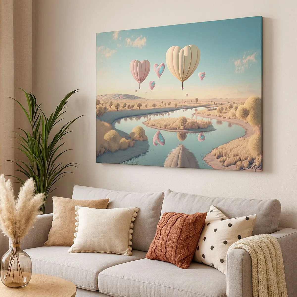 Vászonkép - Szív alakú lufik lebegnek a táj felett - 70x50cm - A szerelem szárnyalni hagy - Modern fali dekoráció nappalihoz és hálószobához ARTTOR