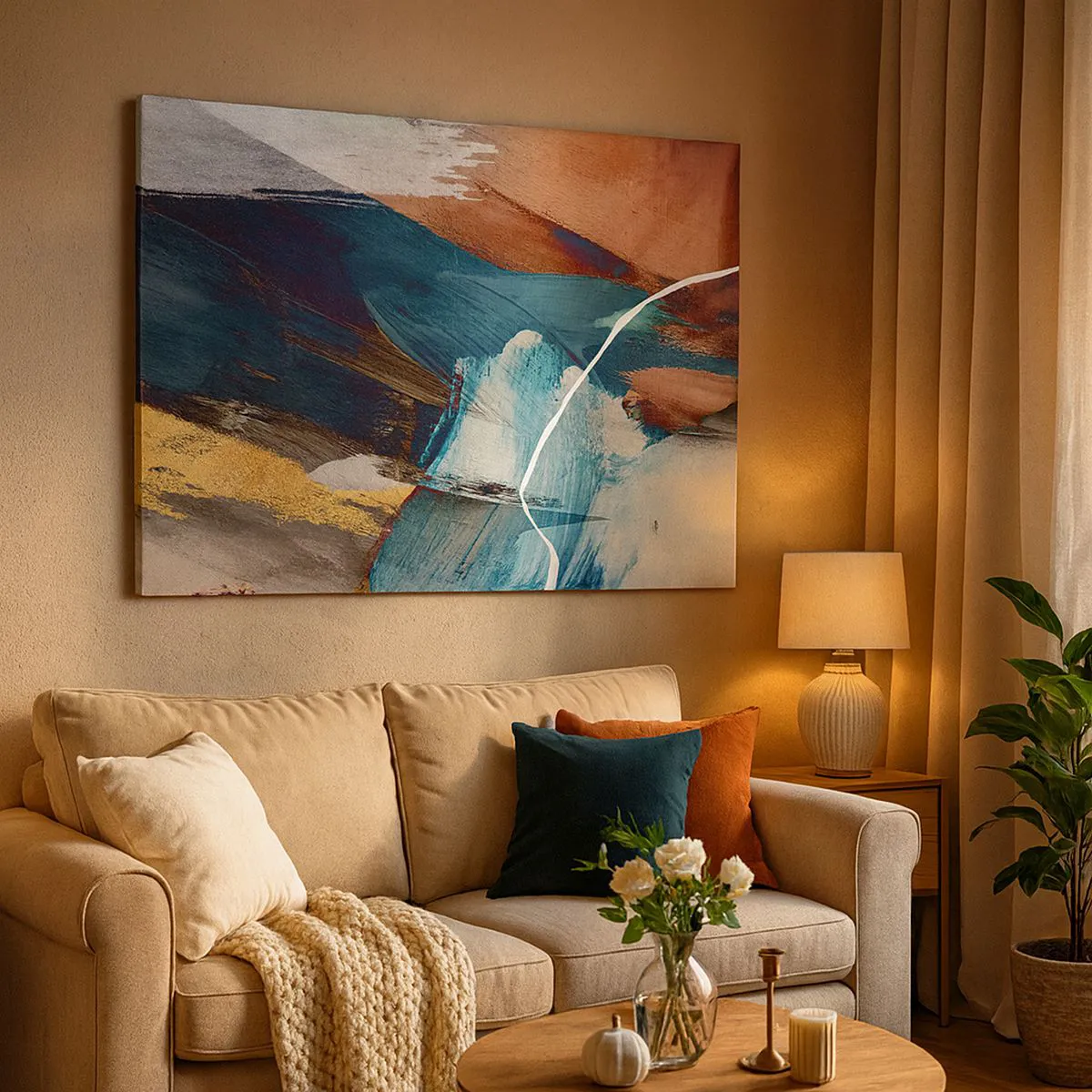 Tablou pe pânză Canvas - Pensule abstracte în nuanțe de albastru și auriu - 70x50cm - Cu fler și energie - Decorațiune modernă pentru perete pentru living și dormitor ARTTOR