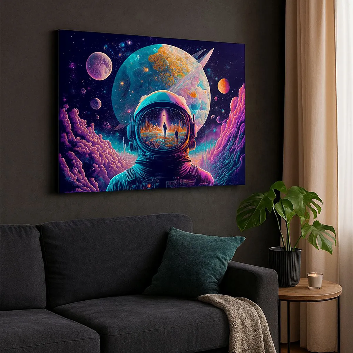 Impression sur toile - Image sur toile - Astronaute dans l'espace avec un paysage planétaire coloré - 70x50cm - Les philosophes n'en ont pas rêvé - Décoration murale moderne pour le salon et la chambre ARTTOR