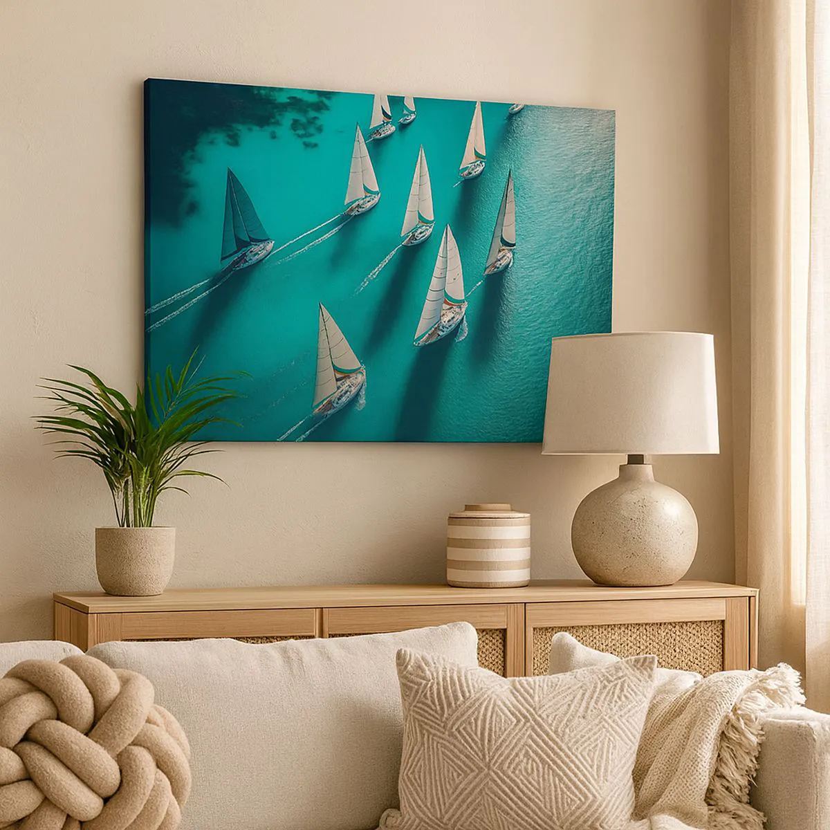 Quadro em tela - Iates em águas turquesas em movimento dinâmico - 70x50cm - Numa competição com o vento - Decoração de parede moderna para a sala de estar e quarto ARTTOR