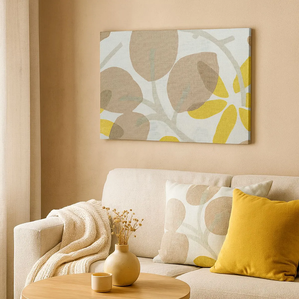 Lærredstryk - Billede på lærred - Abstrakte blade i beige og gule nuancer - 70x50cm - Komposition i solskinnet - Moderne vægdekoration til stue og soveværelse ARTTOR