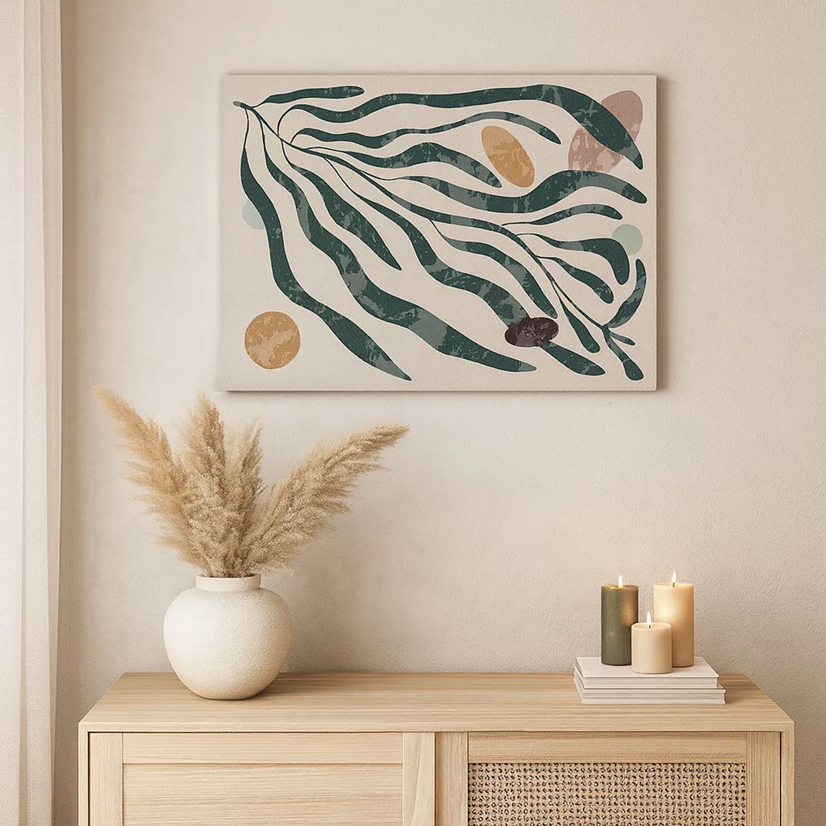 Lærredstryk - Billede på lærred - Organiske linjer og former i grønt og beige - 70x50cm - Blandt det grønne - Moderne vægdekoration til stue og soveværelse ARTTOR