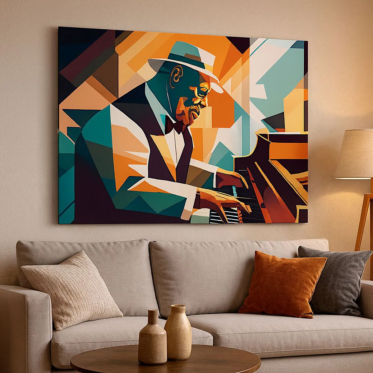 Vászonkép - Absztrakt zenész zongorázik meleg színekkel. - 70x50cm - Minden, ami jazz - Modern fali dekoráció nappalihoz és hálószobához ARTTOR