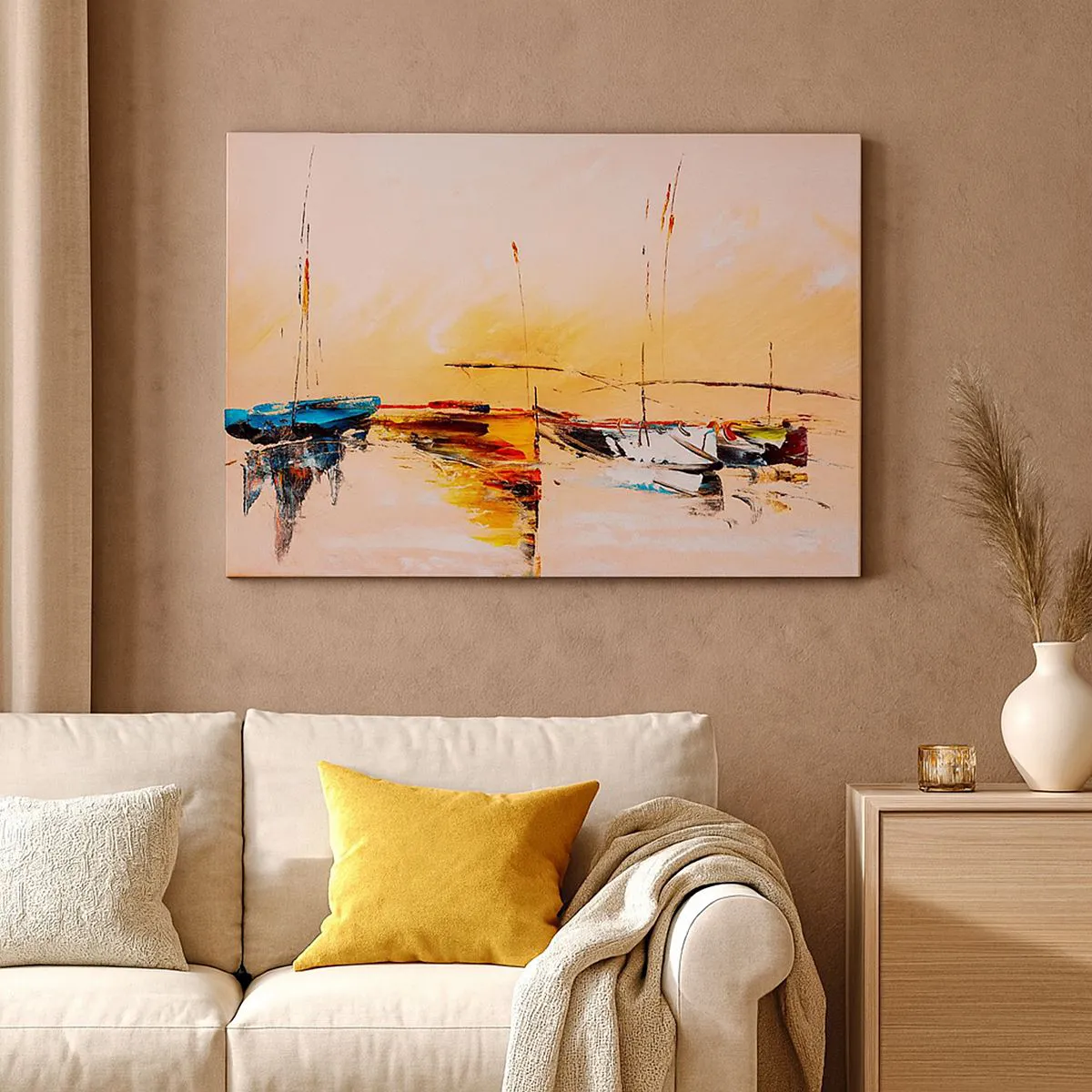 Obraz na plátně - Barevné lodě na klidné vodě při západu slunce - 70x50cm - Večer v přístavu - Moderní nástěnná dekorace do obývacího pokoje a ložnice ARTTOR