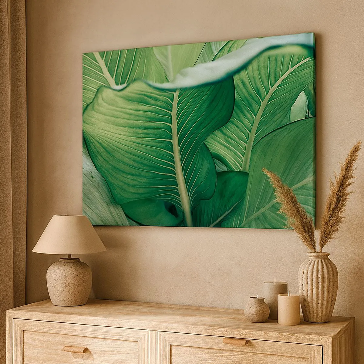 Tablou pe pânză Canvas - Frunze verzi cu detalii și structură expresive - 70x50cm - Viață intensă în verde - Decorațiune modernă pentru perete pentru living și dormitor ARTTOR
