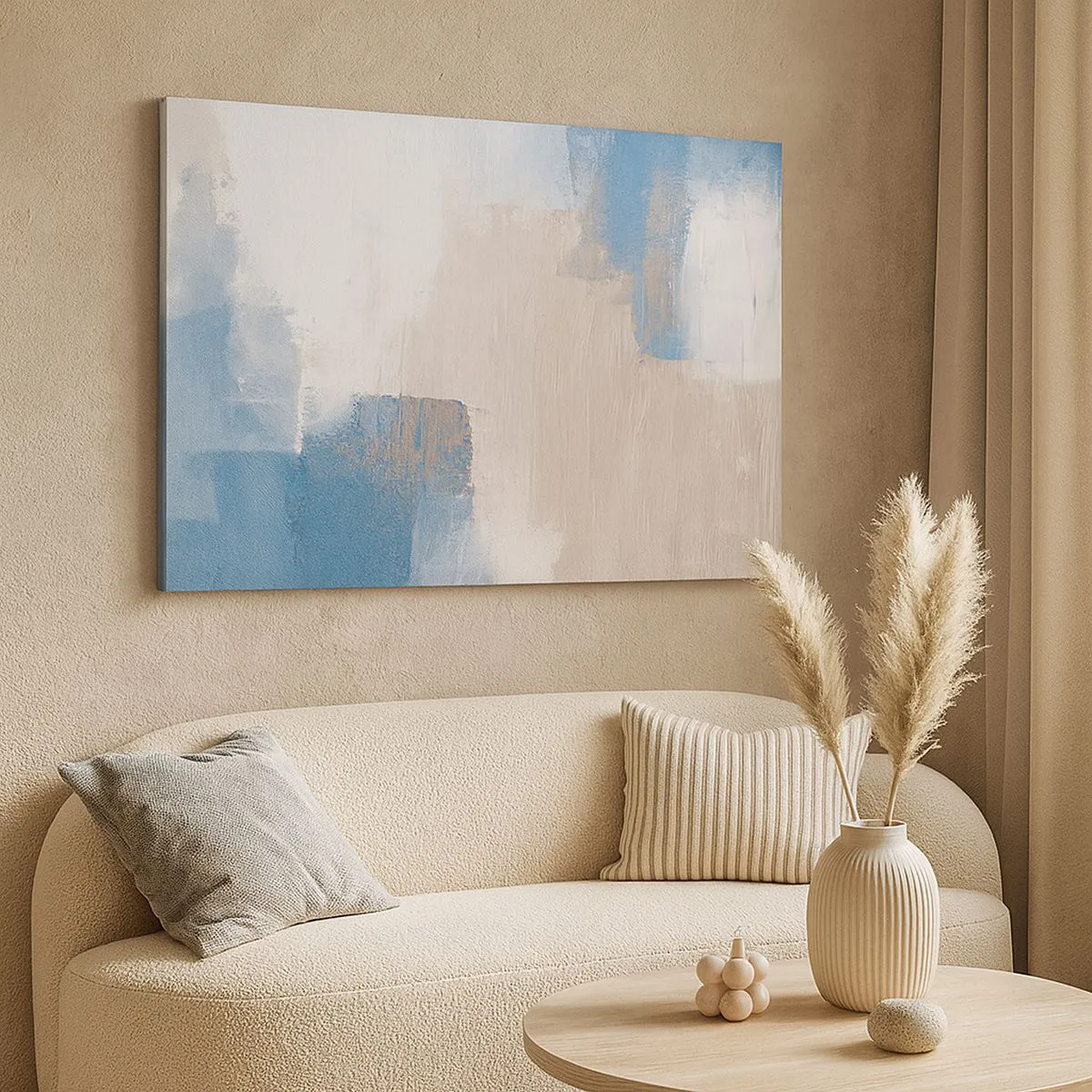 Bild auf Leinwand - Leinwandbild - Abstrakte Formen in Blau- und Beigetönen - 70x50cm - Rosa Abstraktion hinter einem blauen Vorhang - Moderne Wanddekoration für Wohnzimmer und Schlafzimmer ARTTOR