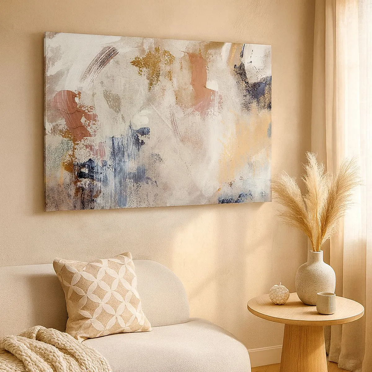 Impression sur toile - Image sur toile - Taches abstraites dans des tons neutres de beige et d'or - 70x50cm - Abstraction brumeuse - Décoration murale moderne pour le salon et la chambre ARTTOR