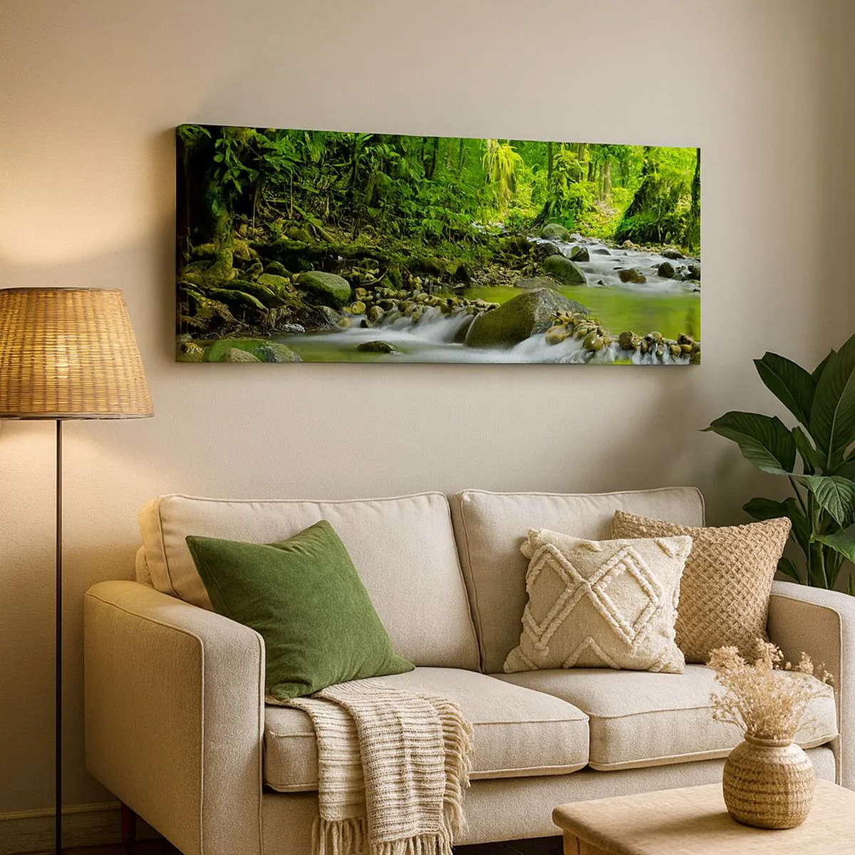 Quadro su tela - Stampe su Tela - Un ruscello in una lussureggiante foresta tropicale - 140x50cm - Fluttuando in un mare di verde - Decorazione murale moderna per soggiorno e camera da letto ARTTOR