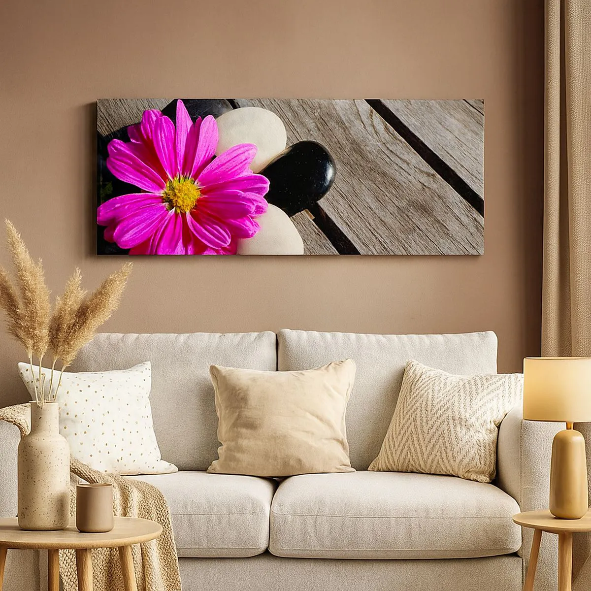 Cuadro sobre lienzo - Impresión de Imagen - Flor rosa sobre un fondo de tablas de madera con piedras. - 140x50cm - Descansando en el muelle - Decoración de pared moderna para salón y dormitorio ARTTOR