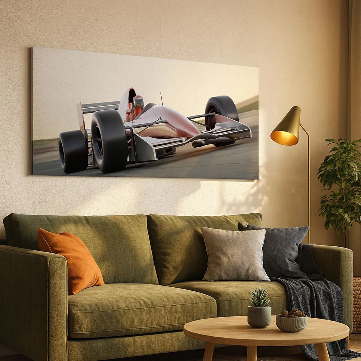 Bild auf Leinwand - Leinwandbild - Ein rotes Formel-1-Auto auf einer Rennstrecke während der Fahrt - 140x50cm - Immer der Gewinner - Moderne Wanddekoration für Wohnzimmer und Schlafzimmer ARTTOR