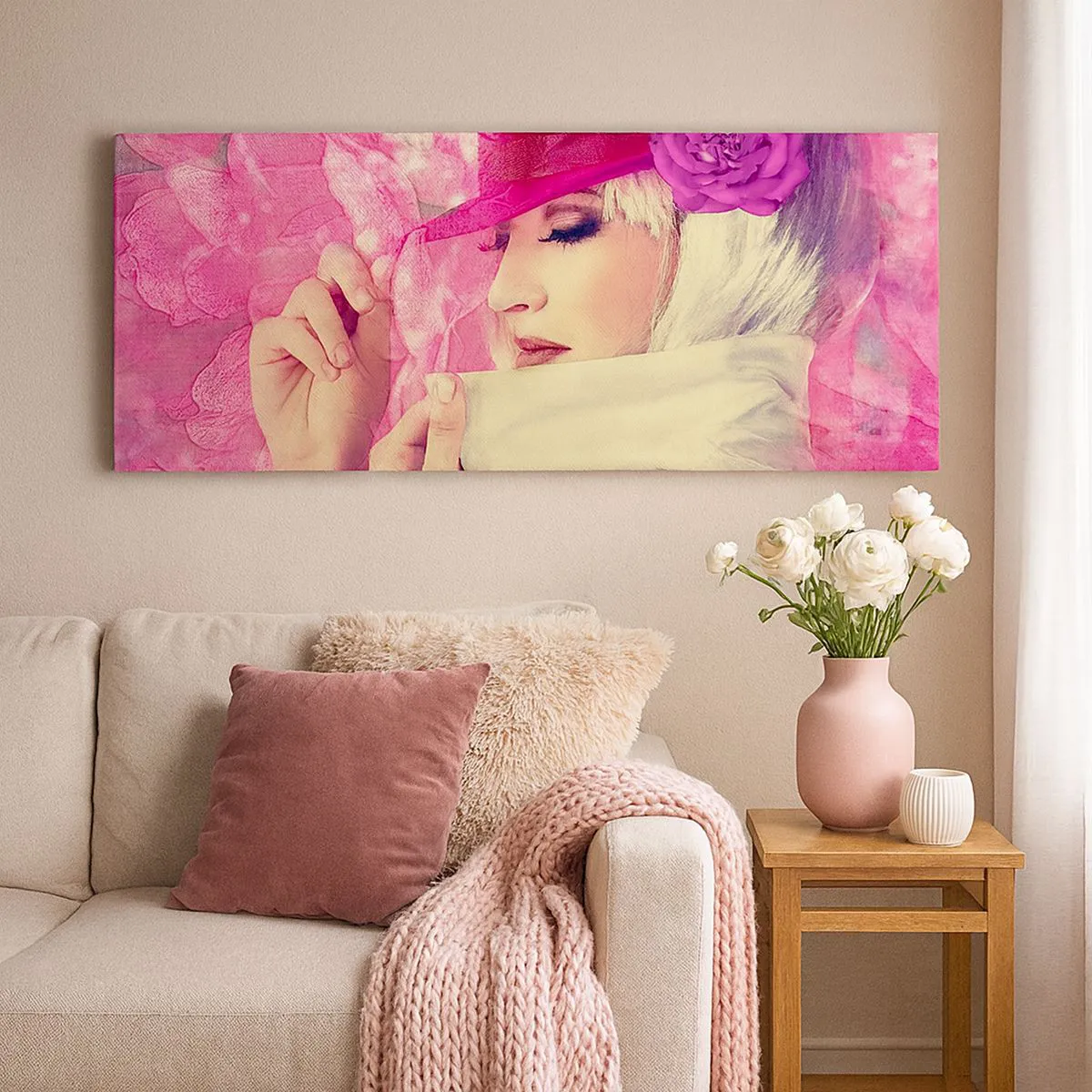 Impression sur toile - Image sur toile - Portrait rétro dans une brume rose - 100x40 cm