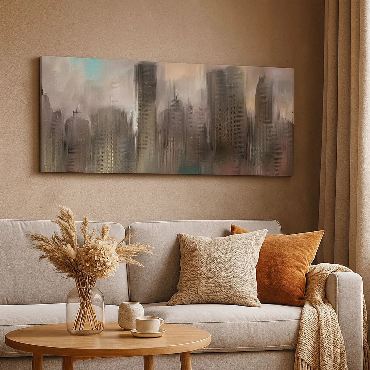 Bild auf Leinwand - Leinwandbild - Eine künstlerische Vision einer Stadtlandschaft mit Wolkenkratzern in Pastellfarben. - 120x50cm - Eine Komposition aus Stahl, Stein und Nebel - Moderne Wanddekoration für Wohnzimmer und Schlafzimmer ARTTOR