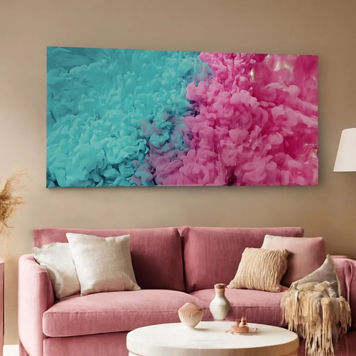 Bild auf Leinwand - Leinwandbild - Bunte Wellen aus Türkis und Pink in abstrakter Form - 160x50cm - Letzte Begegnung - Moderne Wanddekoration für Wohnzimmer und Schlafzimmer ARTTOR