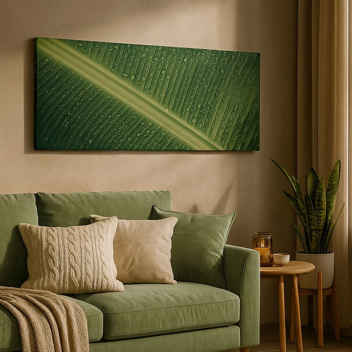 Cuadro sobre lienzo - Impresión de Imagen - Una hoja verde con gotas de agua en su superficie. - 140x50cm - Estructura del verde - Decoración de pared moderna para salón y dormitorio ARTTOR