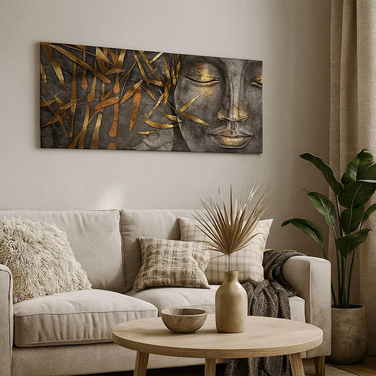 Bild auf Leinwand - Leinwandbild - Zen-Buddha-Bild mit goldenem Bambus - 160x50cm - Fühle den Frieden - Moderne Wanddekoration für Wohnzimmer und Schlafzimmer ARTTOR