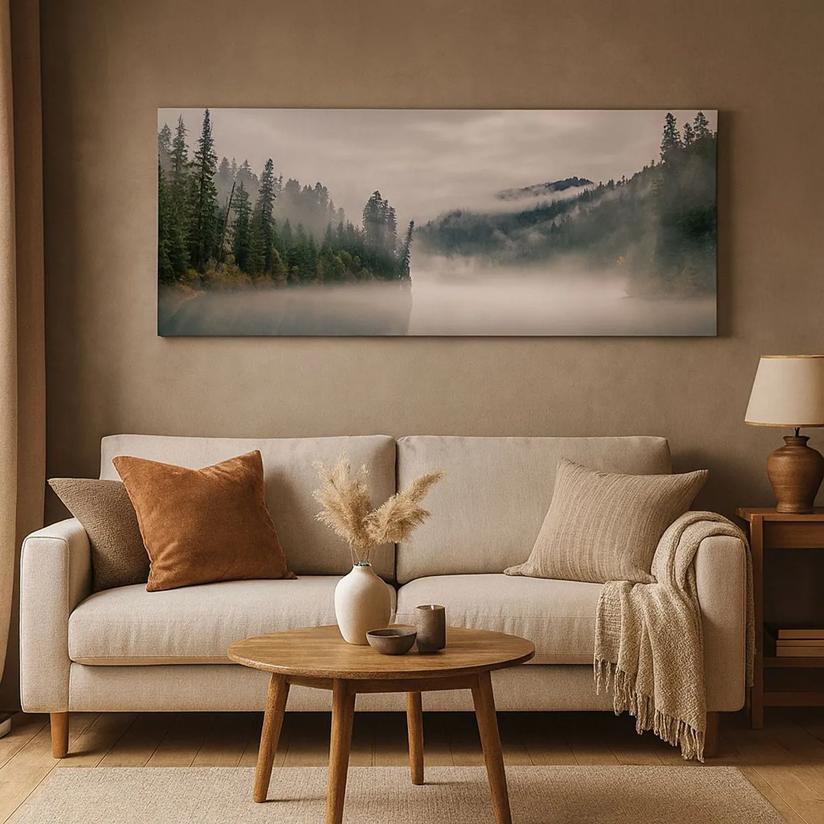 Impression sur toile - Image sur toile - Une forêt brumeuse se reflétant dans un lac calme - 140x50cm - Reflet dans le brouillard - Décoration murale moderne pour le salon et la chambre ARTTOR