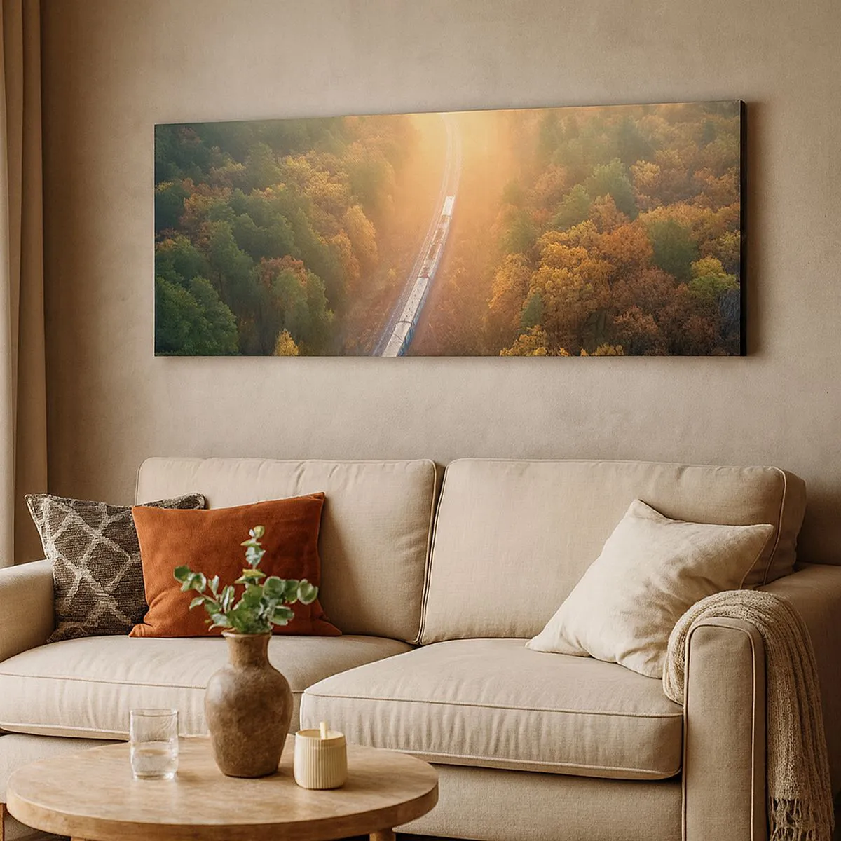 Bild auf Leinwand - Leinwandbild - Ein Zug in einem herbstlichen Wald im Morgengrauen - 140x50cm - Herbstreise - Moderne Wanddekoration für Wohnzimmer und Schlafzimmer ARTTOR