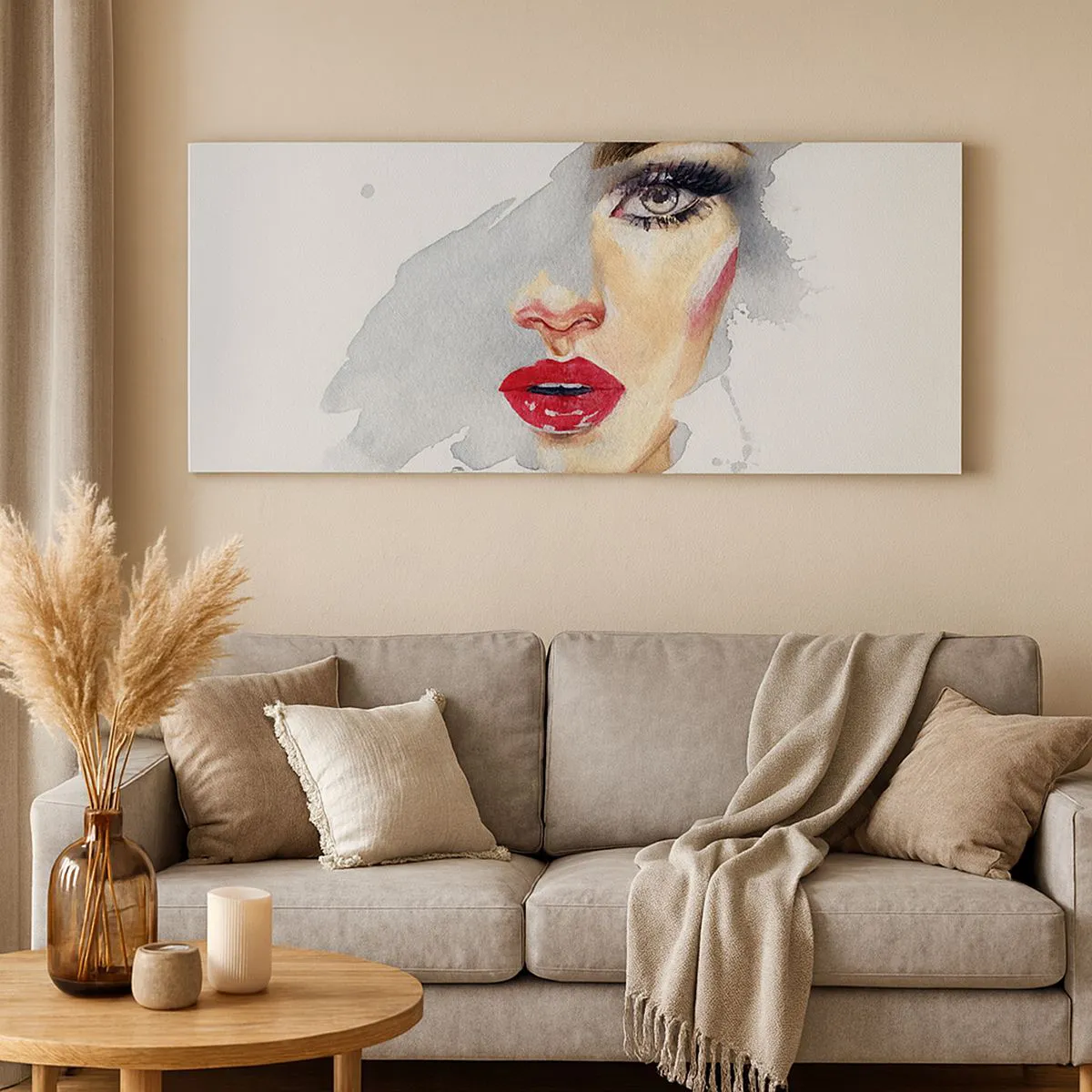 Bild auf Leinwand - Leinwandbild - Ein Aquarellporträt einer Frau mit intensivem Blick. - 160x50cm - Abspiegeln in einem Wassertropfen - Moderne Wanddekoration für Wohnzimmer und Schlafzimmer ARTTOR