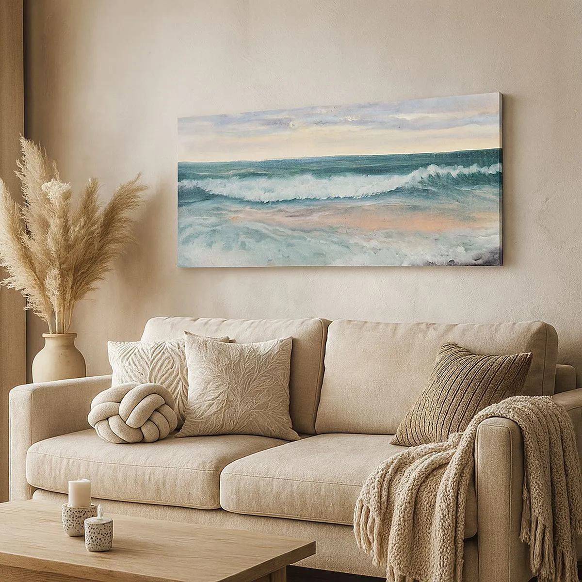 Impression sur toile - Image sur toile - Vagues de la mer contre un ciel nuageux au coucher du soleil - 120x50cm - Ici tu adouciras ton âme - Décoration murale moderne pour le salon et la chambre ARTTOR