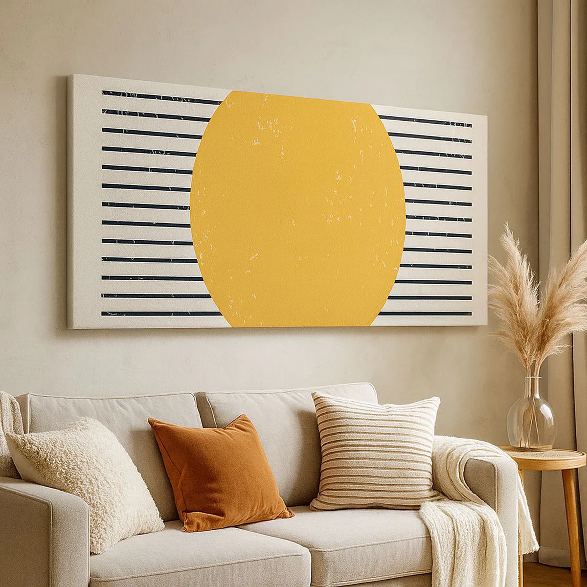 Impression sur toile - Image sur toile - Un cercle jaune sur un fond de lignes horizontales noires et blanches - 160x50cm - Le pouvoir de la simplicité - Décoration murale moderne pour le salon et la chambre ARTTOR
