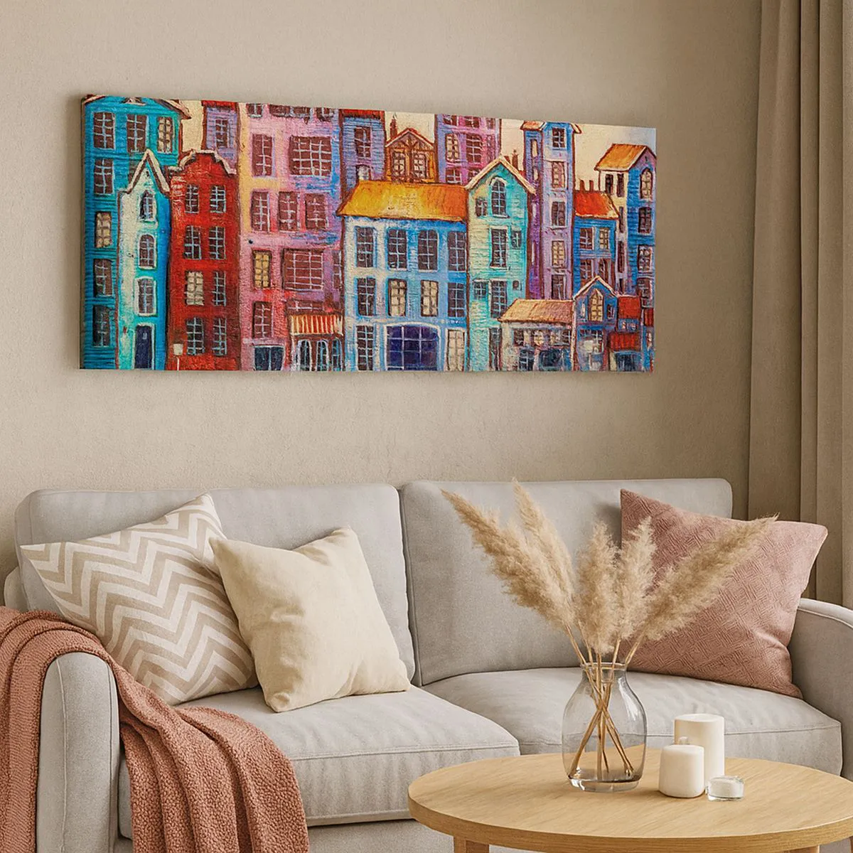 Impression sur toile - Image sur toile - Maisons colorées au bord de l'eau dans un style artistique - 140x50cm - Une ville comme dans un conte de fées - Décoration murale moderne pour le salon et la chambre ARTTOR