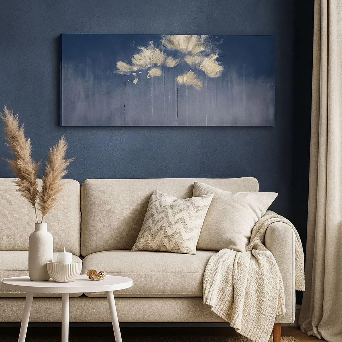 Cuadro sobre lienzo - Impresión de Imagen - Delicadas flores sobre fondo azul. - 140x50cm - Como pétalos al viento - Decoración de pared moderna para salón y dormitorio ARTTOR