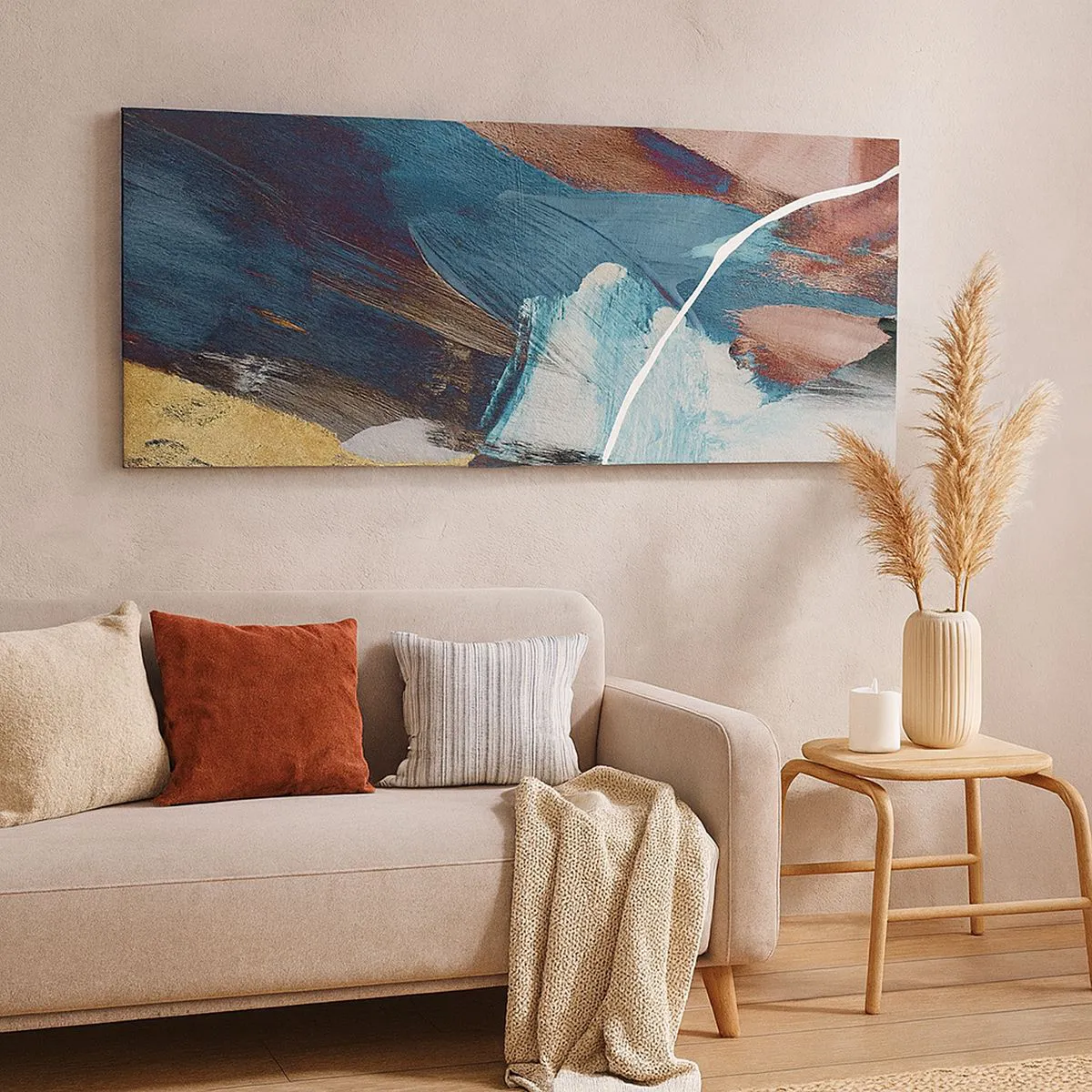 Impression sur toile - Image sur toile - Coups de pinceau abstraits dans des tons de bleu et d'or - 120x50cm - Avec panache et énergie - Décoration murale moderne pour le salon et la chambre ARTTOR