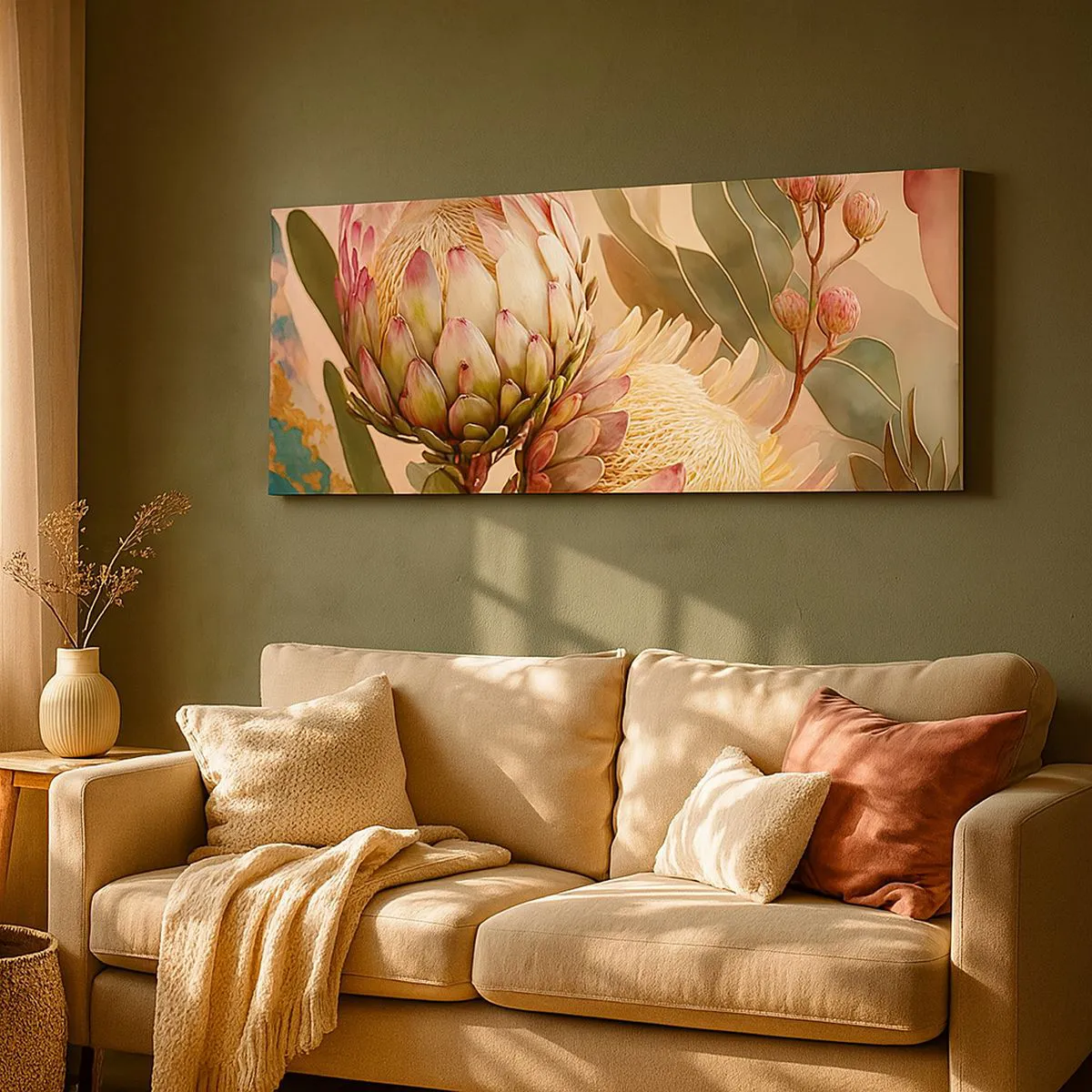 Impression sur toile - Image sur toile - Fleurs de protéa colorées sur un fond délicat - 120x50cm - Tendrement embrassé - Décoration murale moderne pour le salon et la chambre ARTTOR