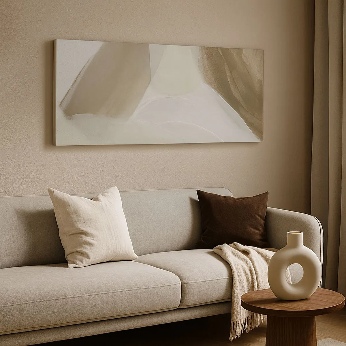 Cuadro sobre lienzo - Impresión de Imagen - Abstracción delicada en tonos beige y blanco. - 120x50cm - Ola de blanco - Decoración de pared moderna para salón y dormitorio ARTTOR