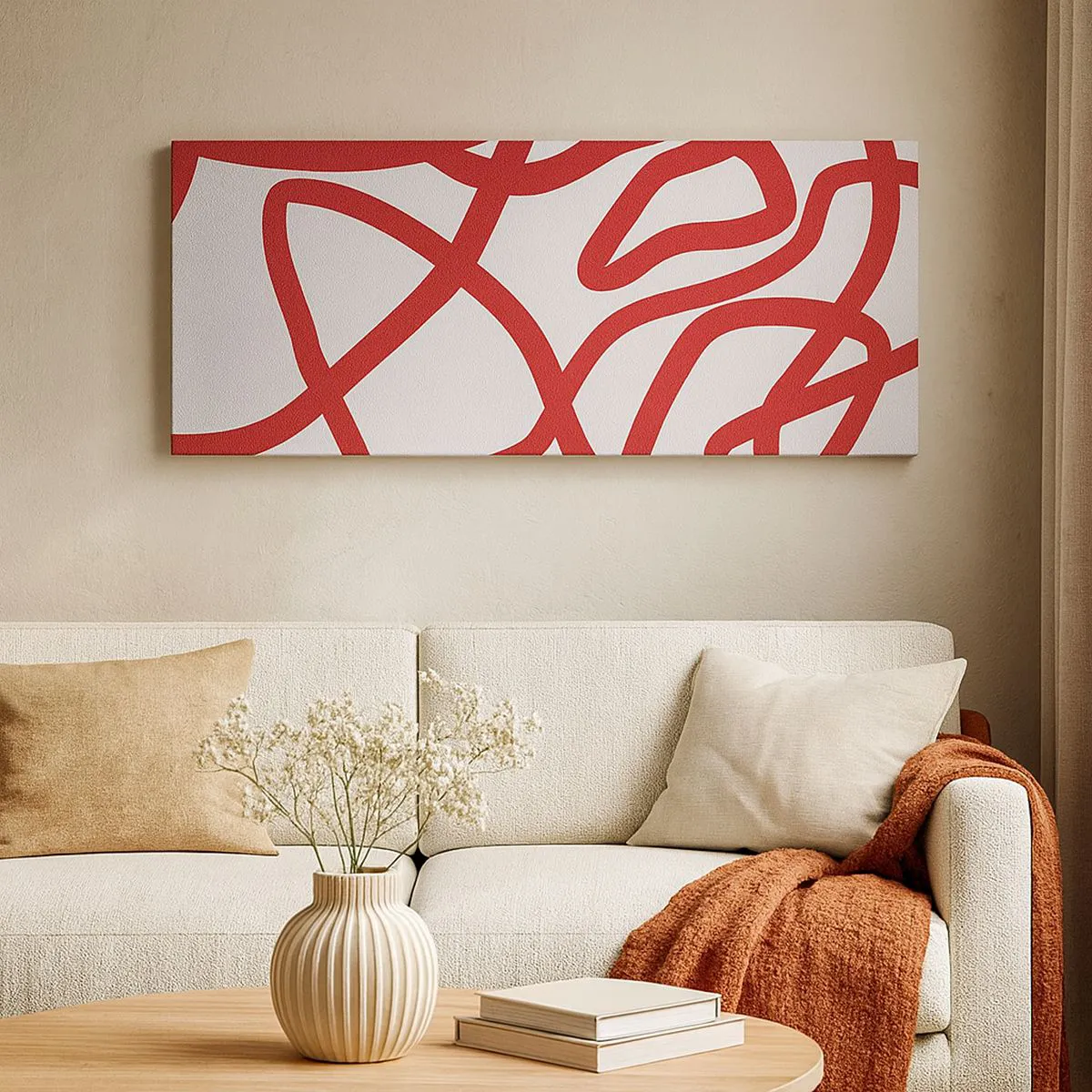 Bild auf Leinwand - Leinwandbild - Rote abstrakte Linien auf weißem Hintergrund - 120x50cm - Rot auf Weiß - Moderne Wanddekoration für Wohnzimmer und Schlafzimmer ARTTOR