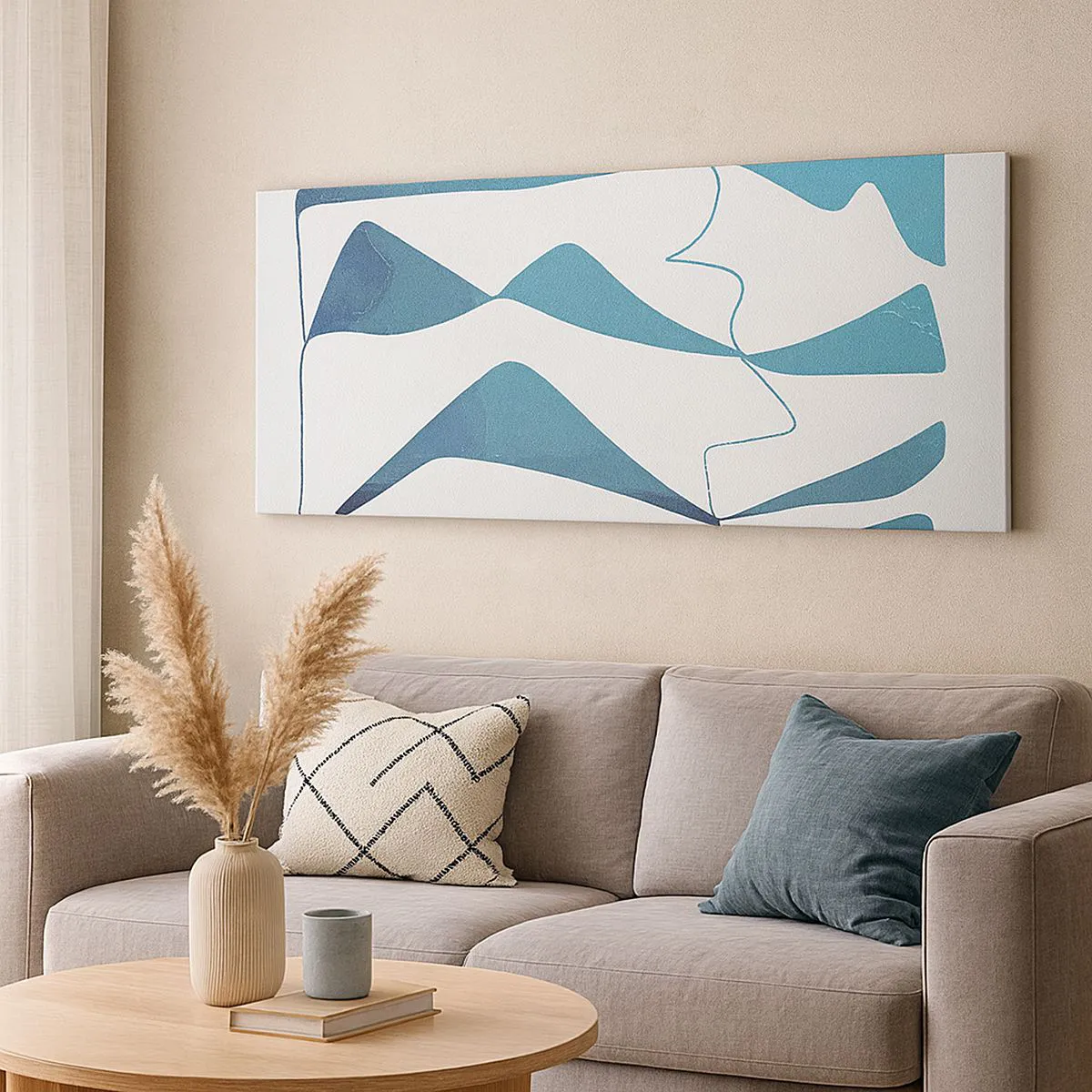 Impression sur toile - Image sur toile - Formes abstraites dans des tons de bleu sur fond blanc - 160x50cm - Abstraction : composé turquoise - Décoration murale moderne pour le salon et la chambre ARTTOR