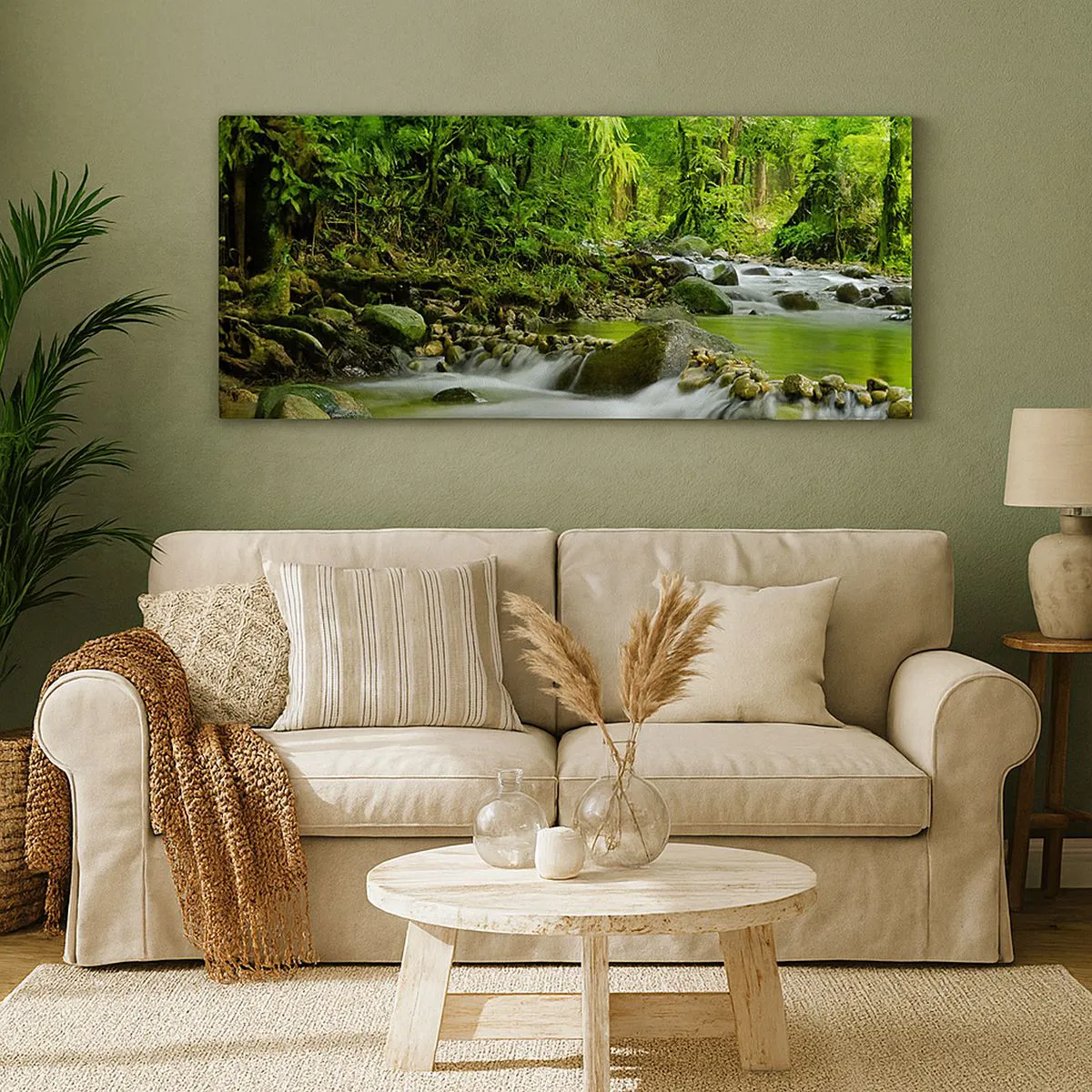 Quadro su tela - Stampe su Tela - Un ruscello in una lussureggiante foresta tropicale - 140x50cm - Fluttuando in un mare di verde - Decorazione murale moderna per soggiorno e camera da letto ARTTOR