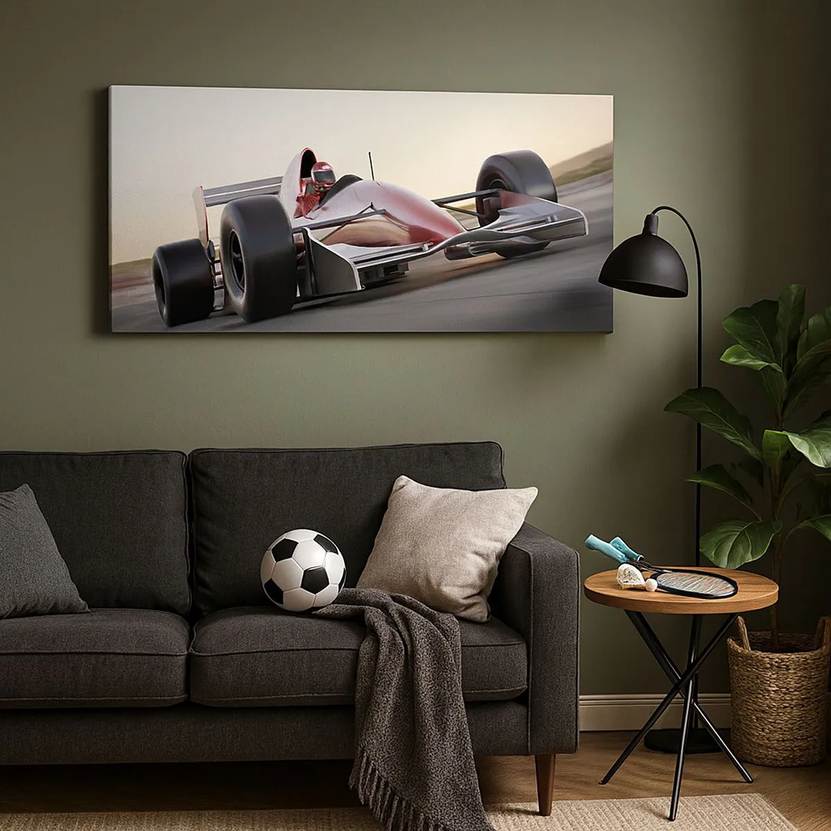 Bild auf Leinwand - Leinwandbild - Ein rotes Formel-1-Auto auf einer Rennstrecke während der Fahrt - 140x50cm - Immer der Gewinner - Moderne Wanddekoration für Wohnzimmer und Schlafzimmer ARTTOR