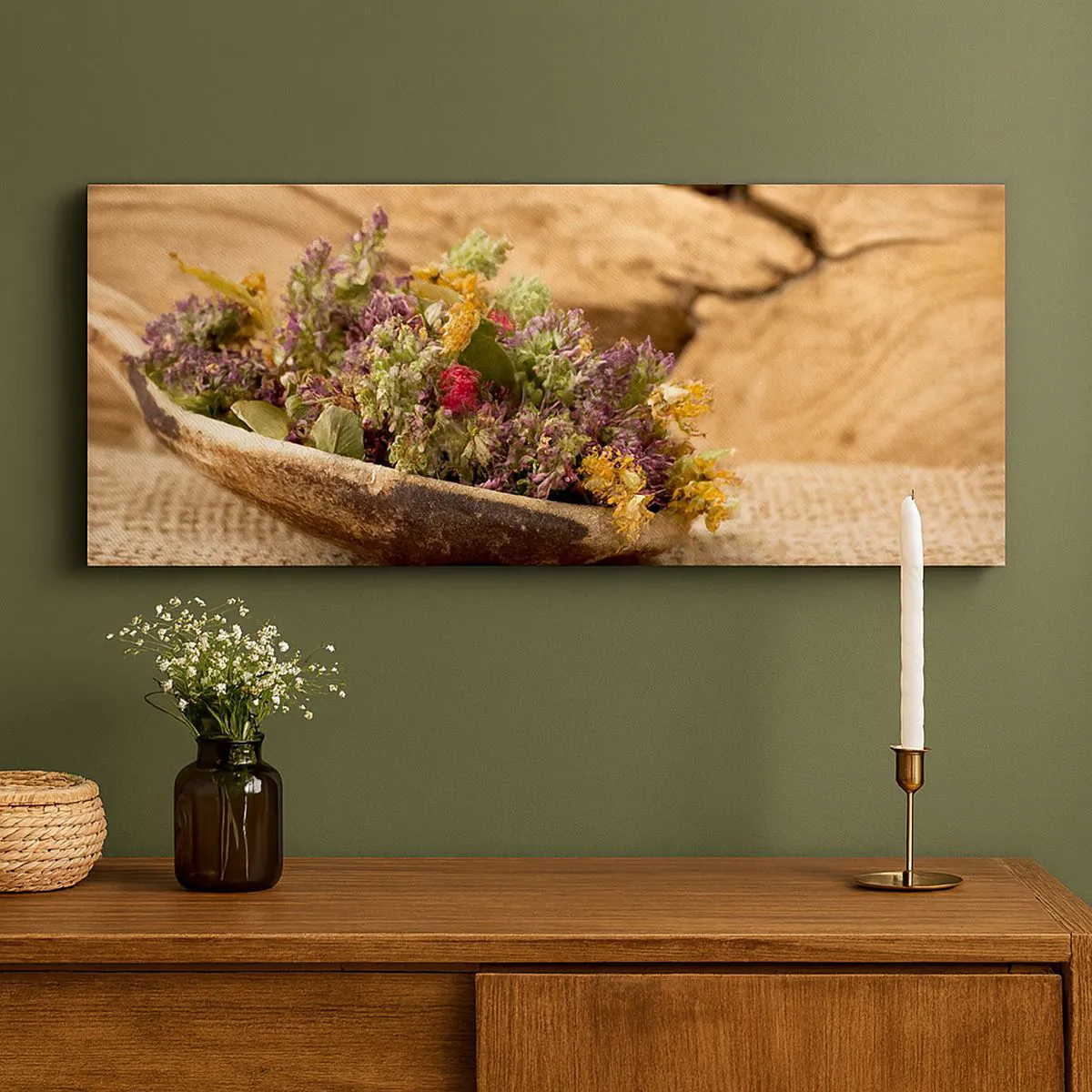 Lærredstryk - Billede på lærred - Farverige blomster og velduftende urter - 120x50 cm