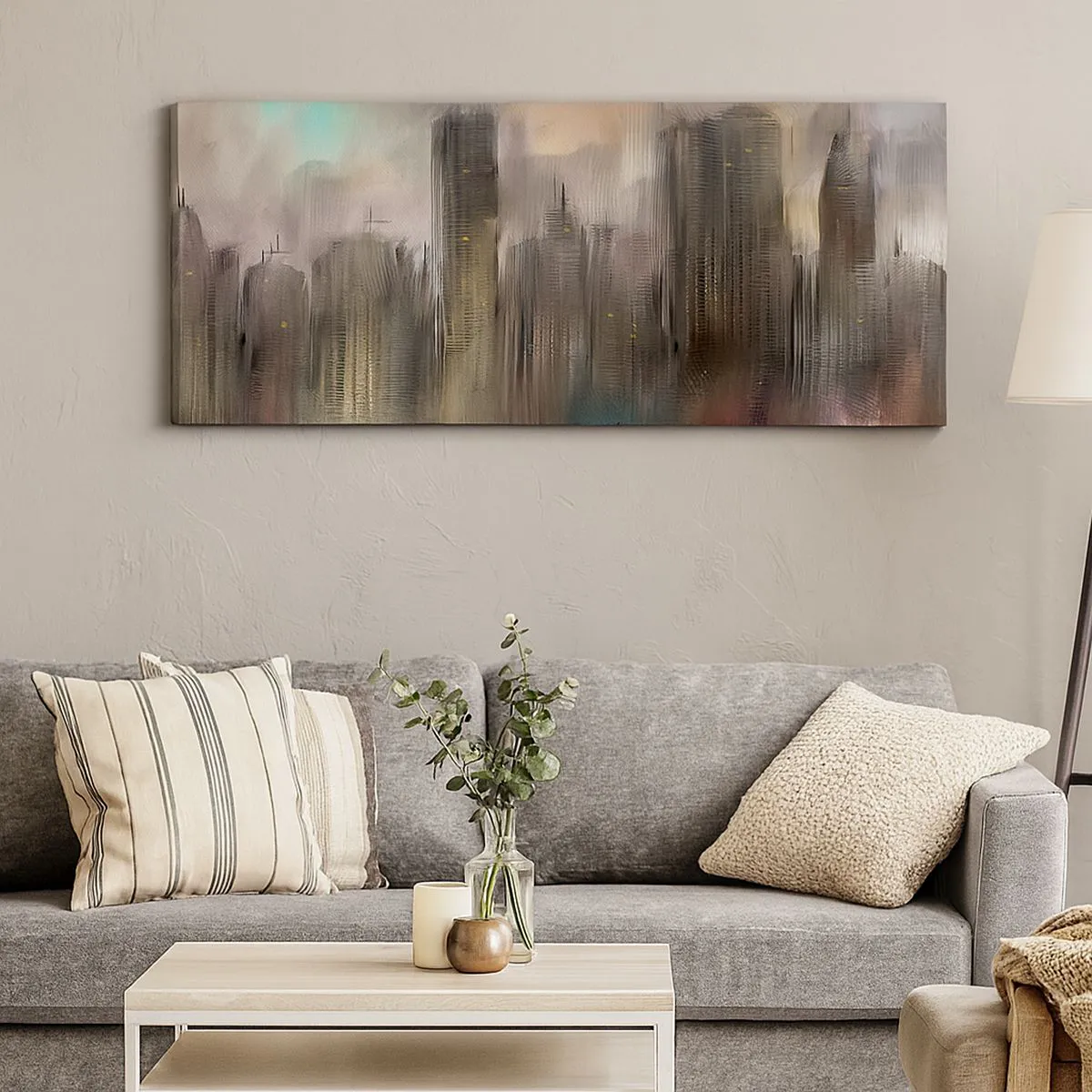 Bild auf Leinwand - Leinwandbild - Eine künstlerische Vision einer Stadtlandschaft mit Wolkenkratzern in Pastellfarben. - 120x50cm - Eine Komposition aus Stahl, Stein und Nebel - Moderne Wanddekoration für Wohnzimmer und Schlafzimmer ARTTOR