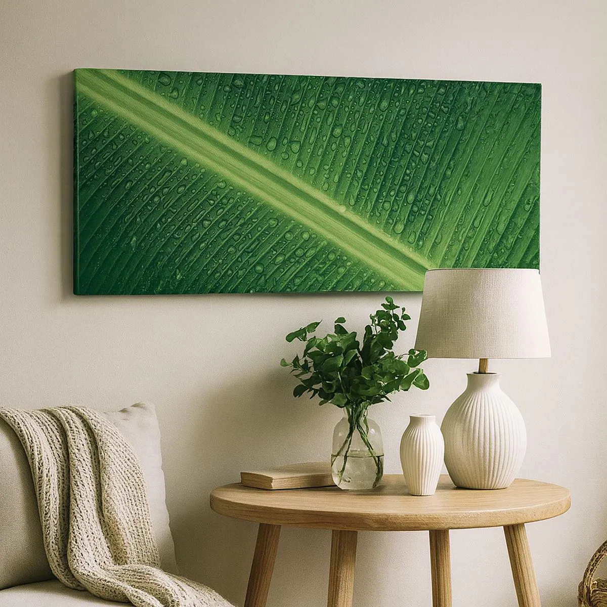 Cuadro sobre lienzo - Impresión de Imagen - Una hoja verde con gotas de agua en su superficie. - 140x50cm - Estructura del verde - Decoración de pared moderna para salón y dormitorio ARTTOR