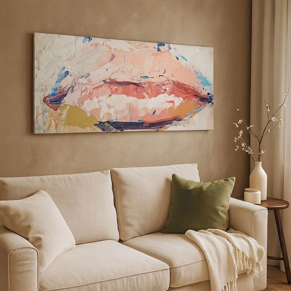 Impression sur toile - Image sur toile - Une composition abstraite représentant les lèvres d'une femme aux couleurs pastel. - 160x50cm - Éveil la pensée - Décoration murale moderne pour le salon et la chambre ARTTOR