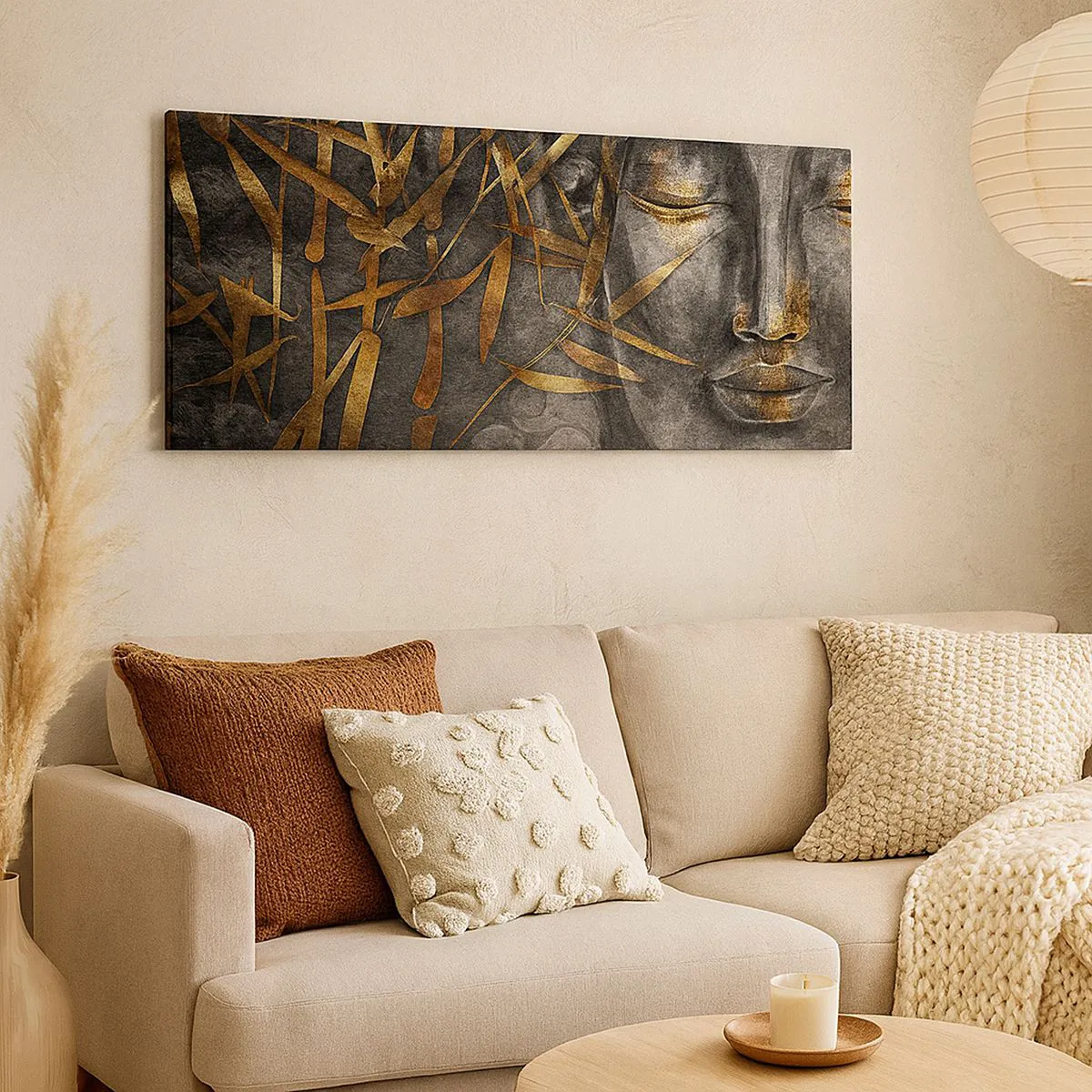 Bild auf Leinwand - Leinwandbild - Zen-Buddha-Bild mit goldenem Bambus - 160x50cm - Fühle den Frieden - Moderne Wanddekoration für Wohnzimmer und Schlafzimmer ARTTOR