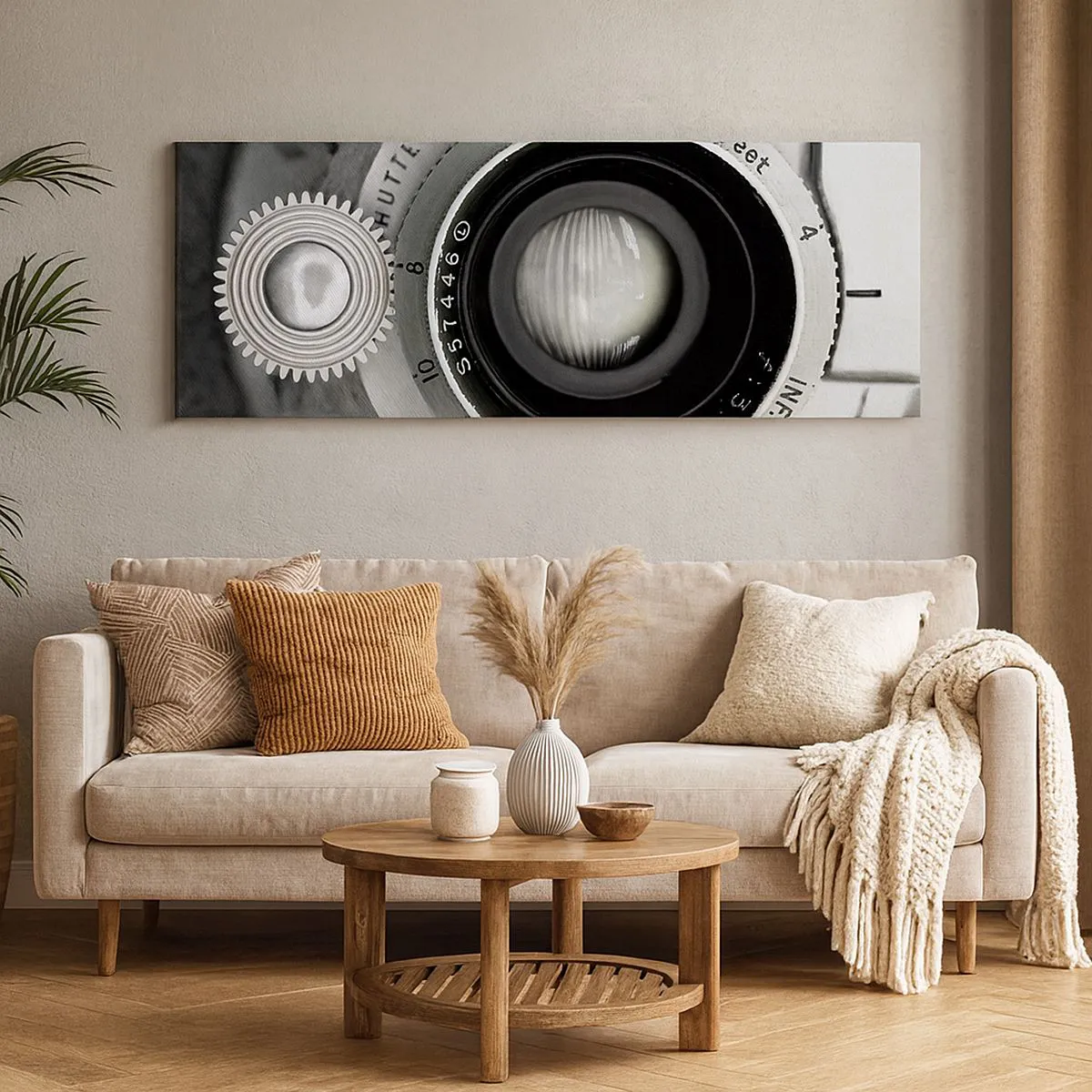 Cuadro sobre lienzo - Impresión de Imagen - La lente de una cámara antigua - 160x50cm - Una historia de Hollywood - Decoración de pared moderna para salón y dormitorio ARTTOR