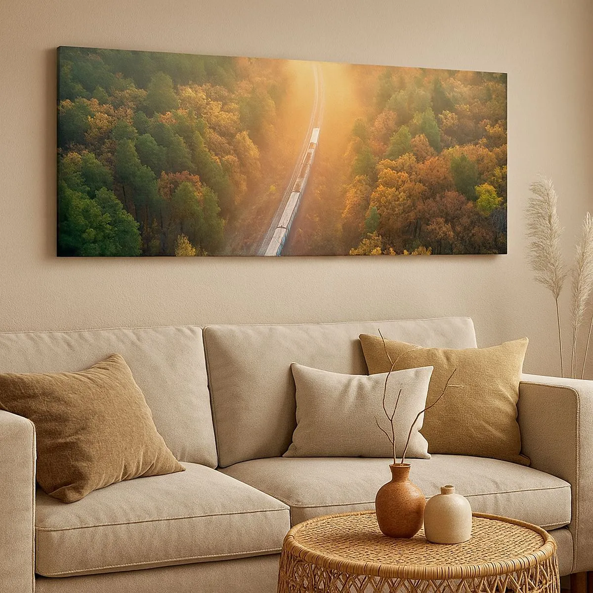 Bild auf Leinwand - Leinwandbild - Ein Zug in einem herbstlichen Wald im Morgengrauen - 140x50cm - Herbstreise - Moderne Wanddekoration für Wohnzimmer und Schlafzimmer ARTTOR