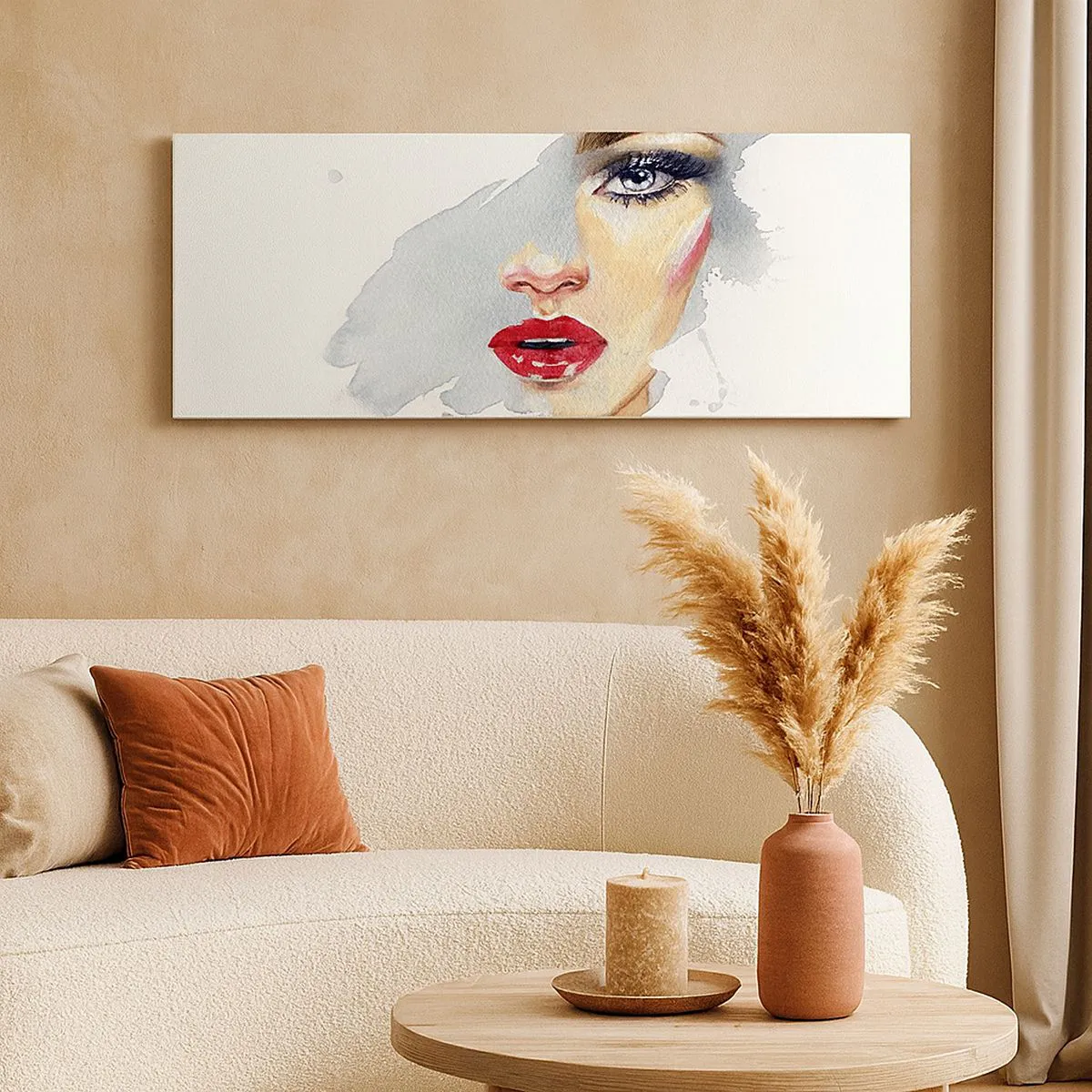 Bild auf Leinwand - Leinwandbild - Ein Aquarellporträt einer Frau mit intensivem Blick. - 160x50cm - Abspiegeln in einem Wassertropfen - Moderne Wanddekoration für Wohnzimmer und Schlafzimmer ARTTOR