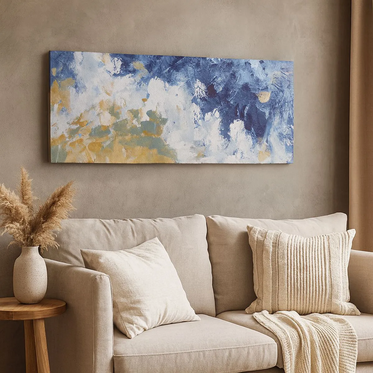 Impression sur toile - Image sur toile - Abstraction dans les tons de bleu, blanc et or - 140x50cm - Danse des éléments - Décoration murale moderne pour le salon et la chambre ARTTOR