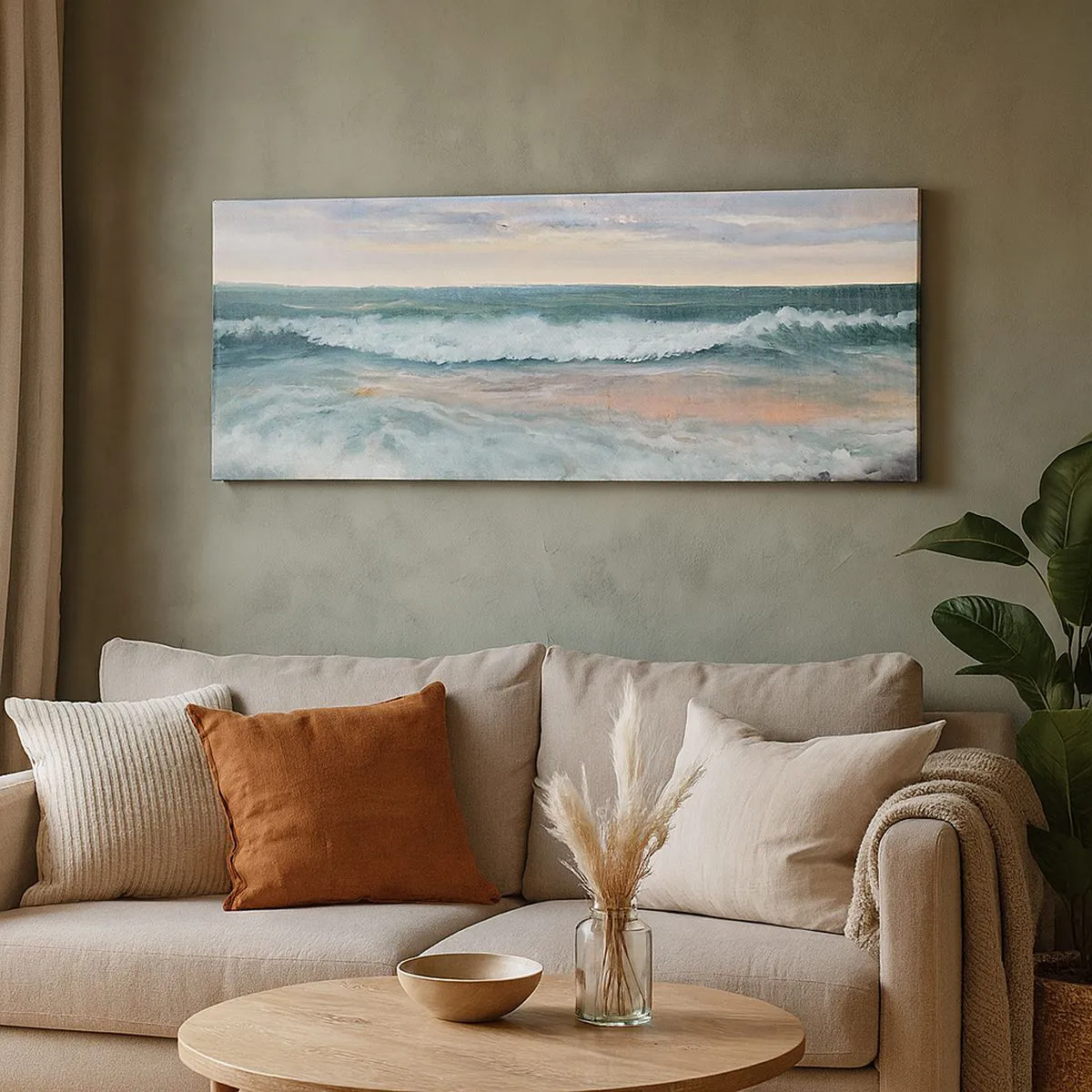 Impression sur toile - Image sur toile - Vagues de la mer contre un ciel nuageux au coucher du soleil - 120x50cm - Ici tu adouciras ton âme - Décoration murale moderne pour le salon et la chambre ARTTOR