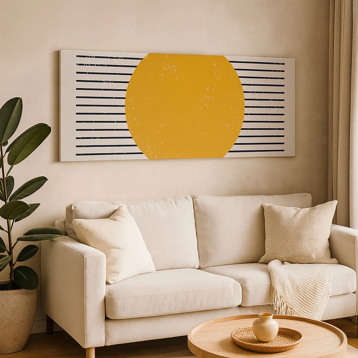 Impression sur toile - Image sur toile - Un cercle jaune sur un fond de lignes horizontales noires et blanches - 160x50cm - Le pouvoir de la simplicité - Décoration murale moderne pour le salon et la chambre ARTTOR