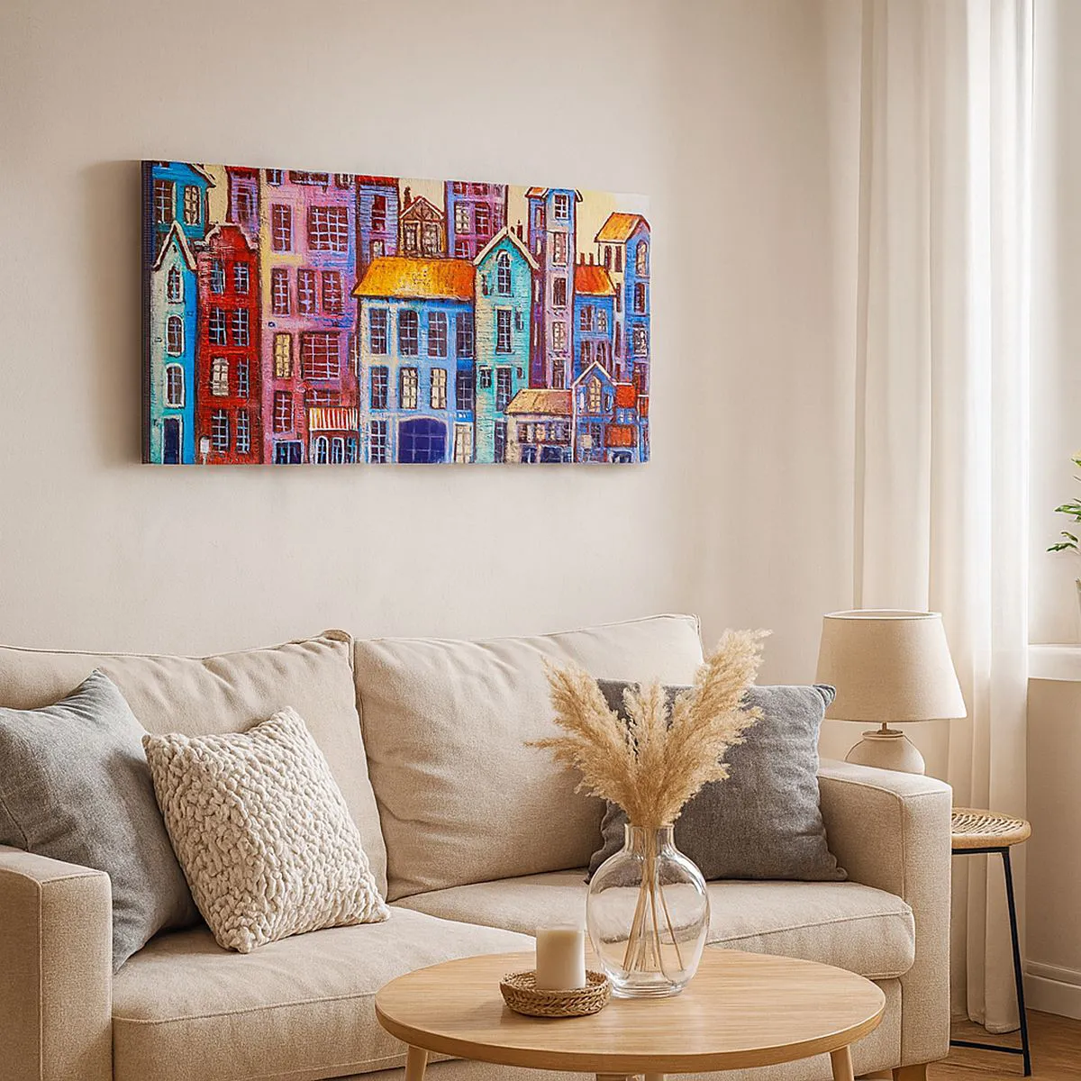 Impression sur toile - Image sur toile - Maisons colorées au bord de l'eau dans un style artistique - 140x50cm - Une ville comme dans un conte de fées - Décoration murale moderne pour le salon et la chambre ARTTOR