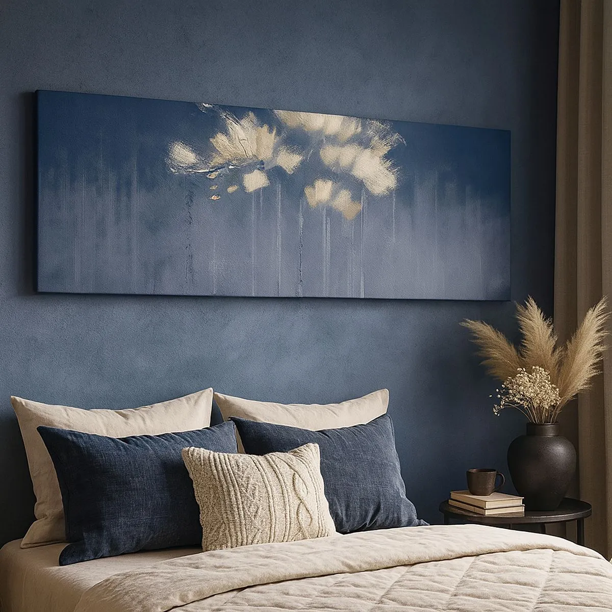 Cuadro sobre lienzo - Impresión de Imagen - Delicadas flores sobre fondo azul. - 140x50cm - Como pétalos al viento - Decoración de pared moderna para salón y dormitorio ARTTOR